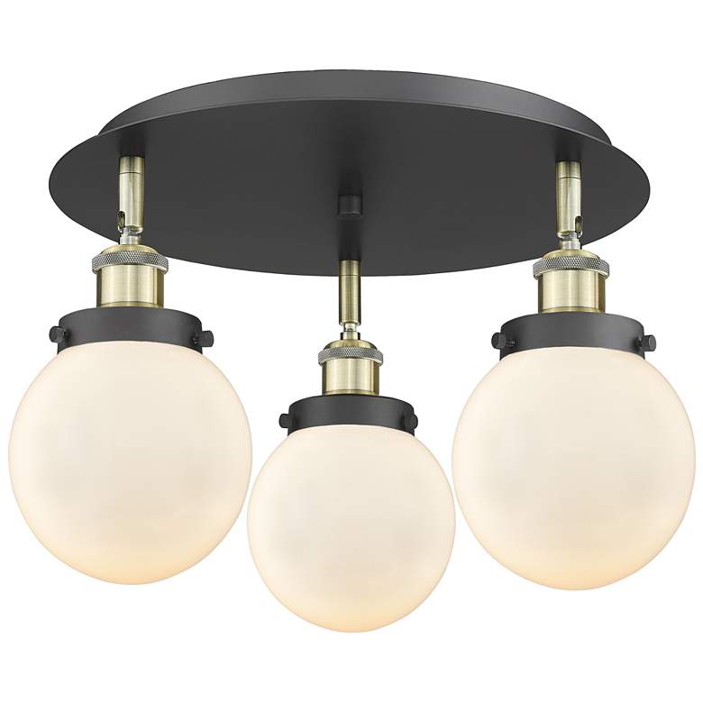 Image 1 Beacon 17.75"W 3 Light Black Antique Brass Flush Mount w/ White Shade