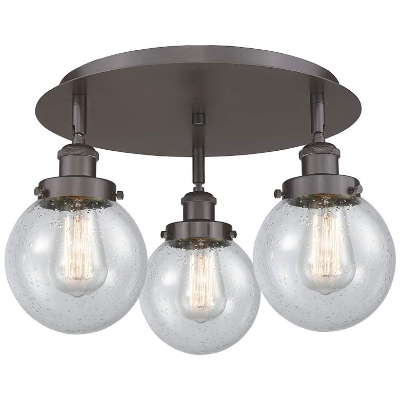 Image 1 Beacon 17.75"W 3 Light Oil Rubbed Bronze Flush Mount With Seedy Glass 