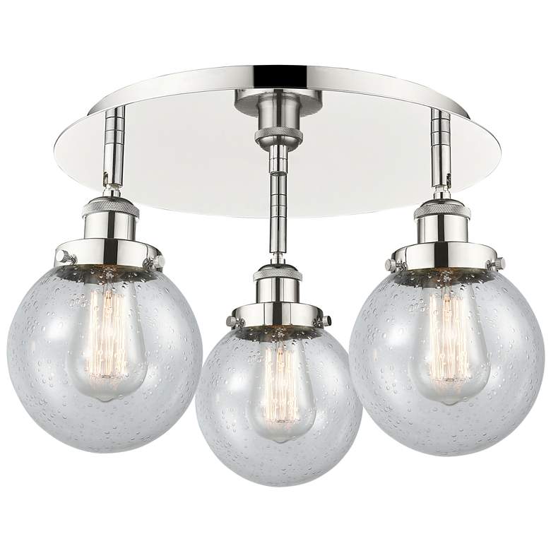 Image 1 Beacon 17.75"W 3 Light Polished Nickel Flush Mount With Seedy Glass Sh