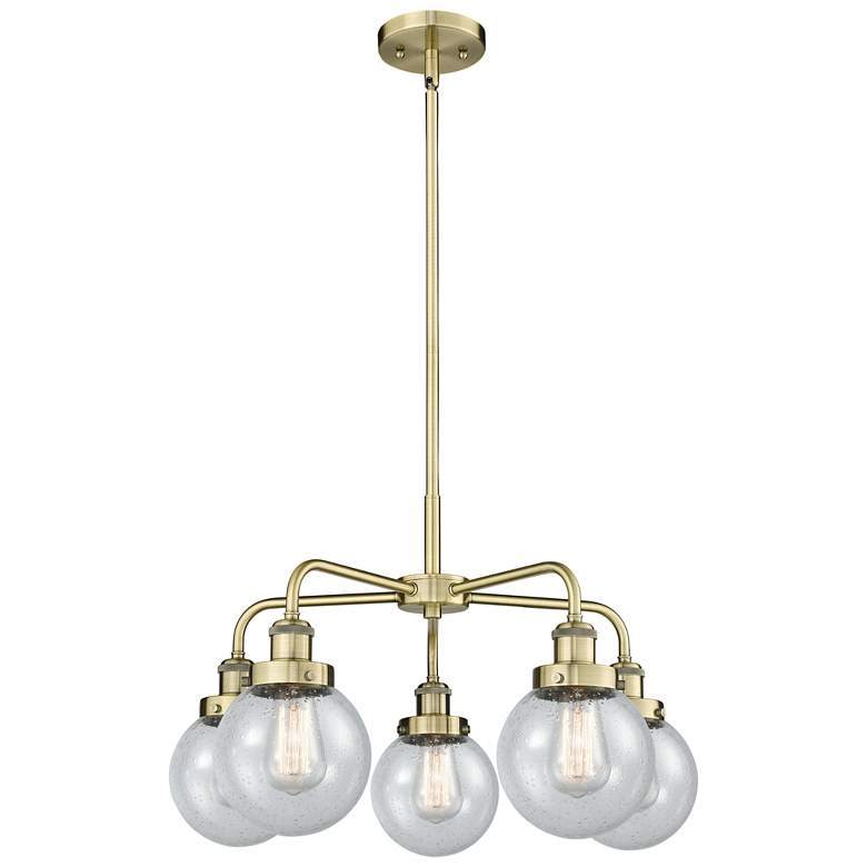 Image 1 Beacon 24"W 5 Light Antique Brass Stem Hung Chandelier w/ Seedy Glass