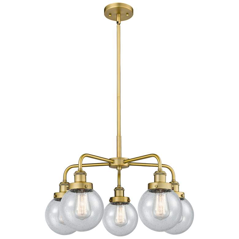 Image 1 Beacon 24"W 5 Light Brushed Brass Stem Hung Chandelier w/ Seedy Glass