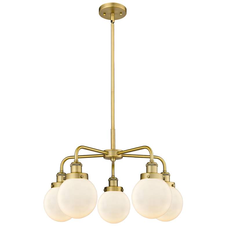 Image 1 Beacon 24"W 5 Light Brushed Brass Stem Hung Chandelier w/ White Shade
