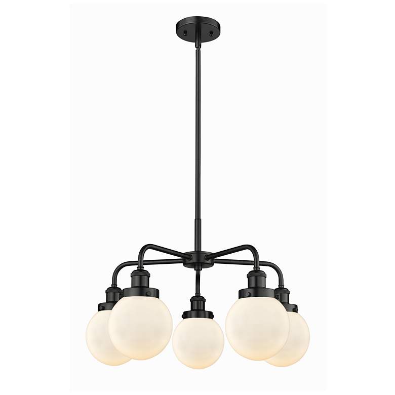 Image 1 Beacon 24"W 5 Light Matte Black Stem Hung Chandelier w/ White Shade