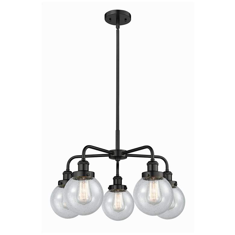 Image 1 Beacon 24 inchW 5 Light Matte Black Stem Hung Chandelier With Seedy Glass 