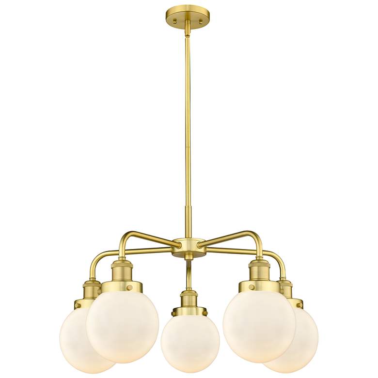 Image 1 Beacon 24"W 5 Light Satin Gold Stem Hung Chandelier w/ White Shade