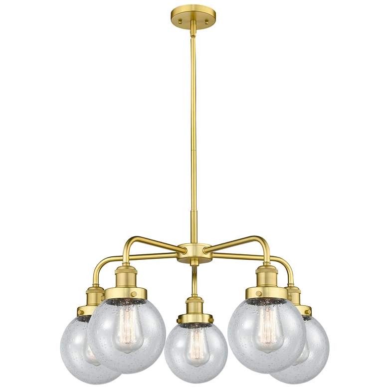 Image 1 Beacon 24 inchW 5 Light Satin Gold Stem Hung Chandelier With Seedy Glass S
