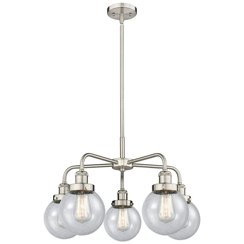 Image 1 Beacon 24"W 5 Light Satin Nickel Stem Hung Chandelier w/ Seedy Glass S