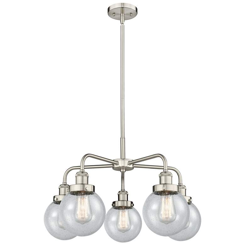 Image 1 Beacon 24 inchW 5 Light Satin Nickel Stem Hung Chandelier w/ Seedy Glass S