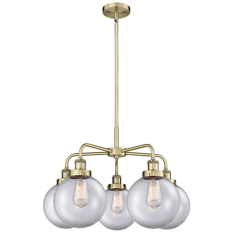 Image 1 Beacon 26"W 5 Light Antique Brass Stem Hung Chandelier w/ Clear Glass