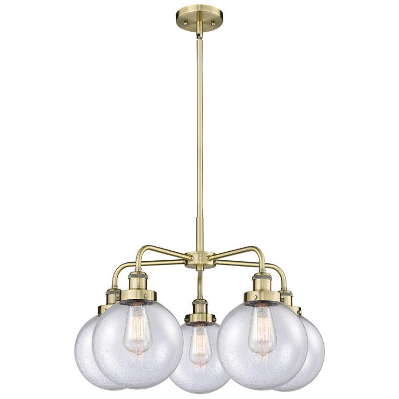 Image 1 Beacon 26"W 5 Light Antique Brass Stem Hung Chandelier w/ Seedy Glass