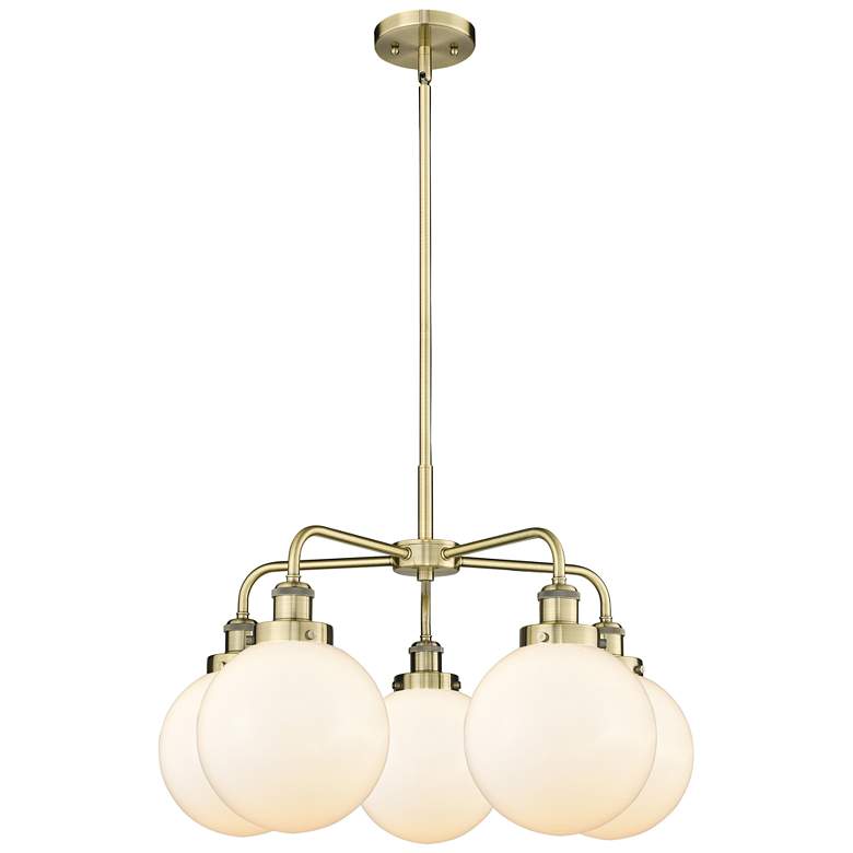 Image 1 Beacon 26"W 5 Light Antique Brass Stem Hung Chandelier w/ White Shade