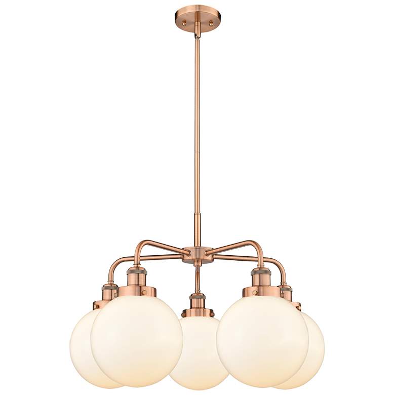 Image 1 Beacon 26"W 5 Light Antique Copper Stem Hung Chandelier w/ White Shade