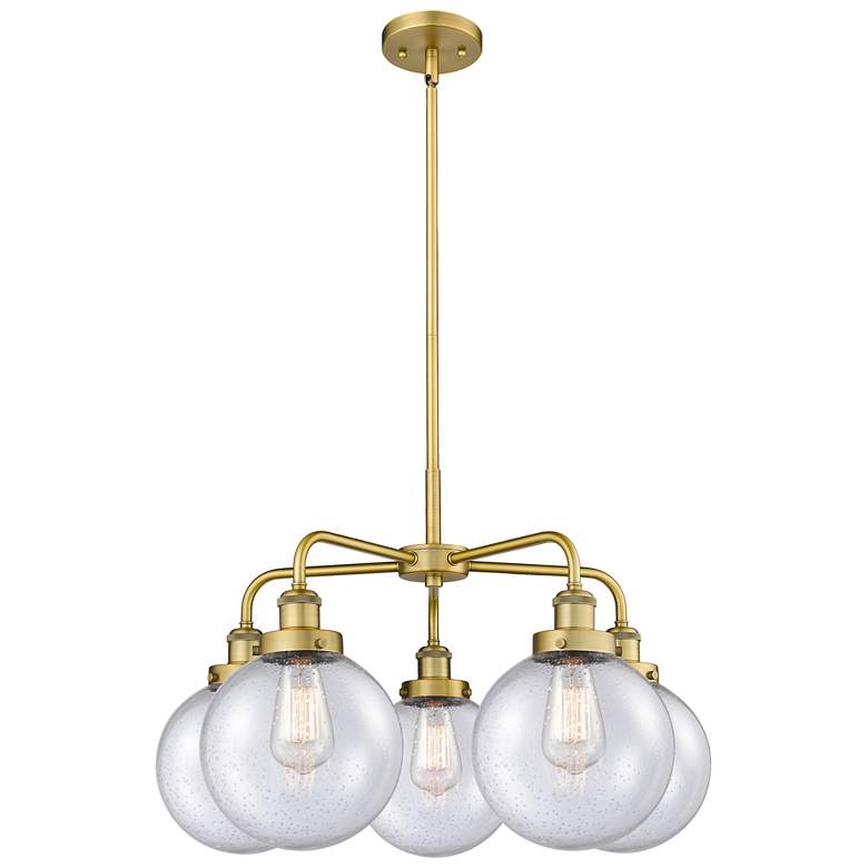 Image 1 Beacon 26"W 5 Light Brushed Brass Stem Hung Chandelier w/ Seedy Glass