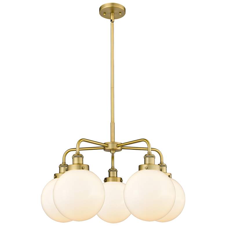 Image 1 Beacon 26"W 5 Light Brushed Brass Stem Hung Chandelier w/ White Shade