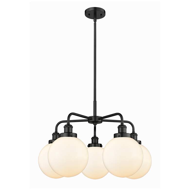 Image 1 Beacon 26"W 5 Light Matte Black Stem Hung Chandelier w/ White Shade