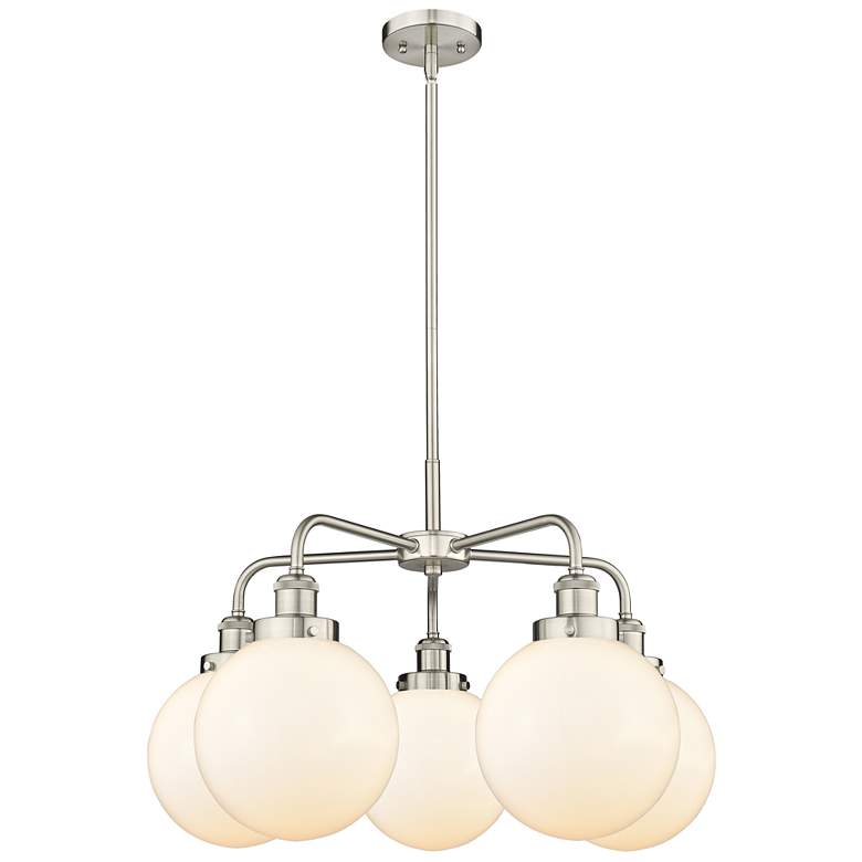 Image 1 Beacon 26"W 5 Light Satin Nickel Stem Hung Chandelier w/ White Shade