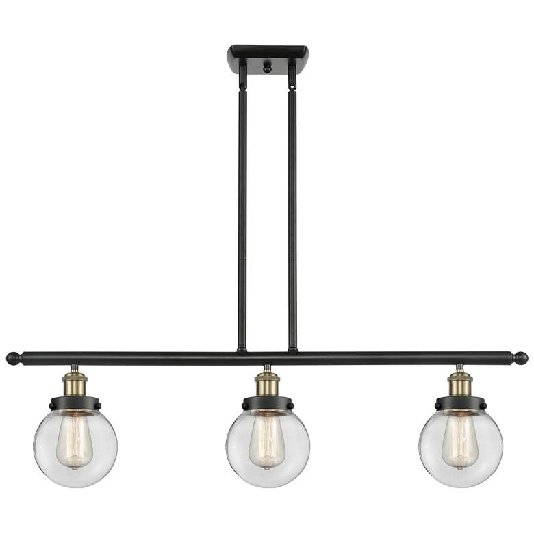 Image 1 Beacon 36" Wide 3 Light Black Brass Stem Hung Island Light w/ Clear Sh