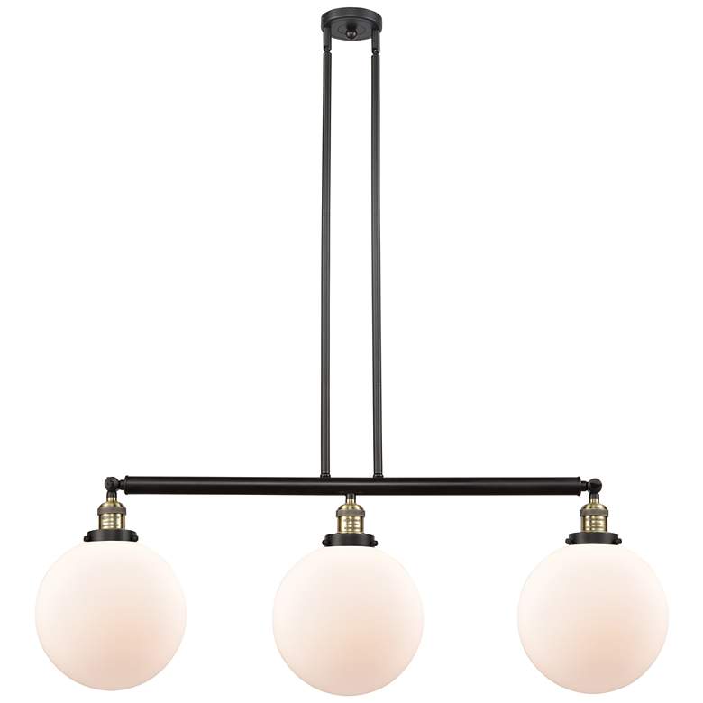 Image 1 Beacon 42" Wide 3 Light Black Brass Stem Hung Island Light w/ White Sh