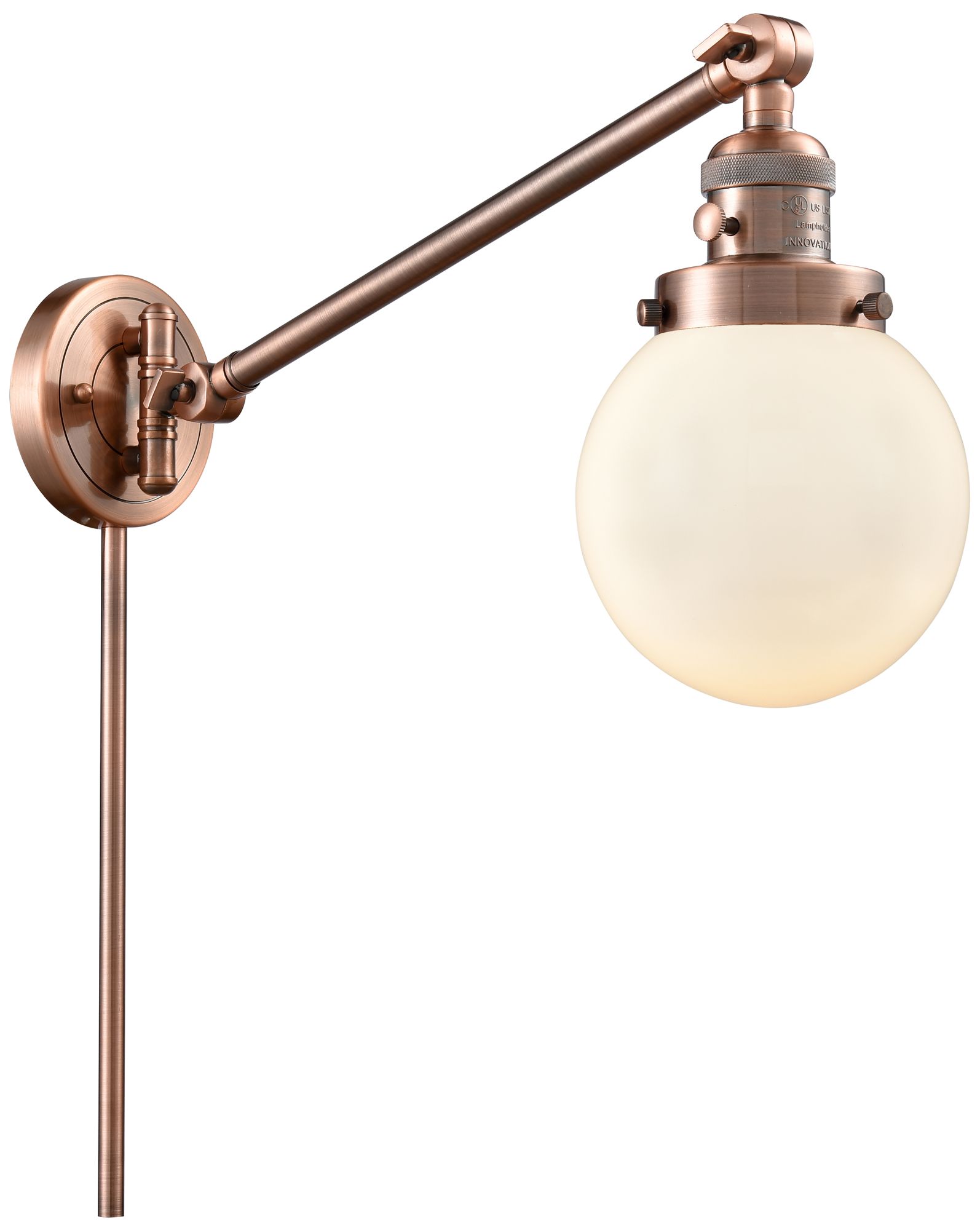 Beacon 6" Antique Copper Swing Arm With Matte White Shade - Made to Order