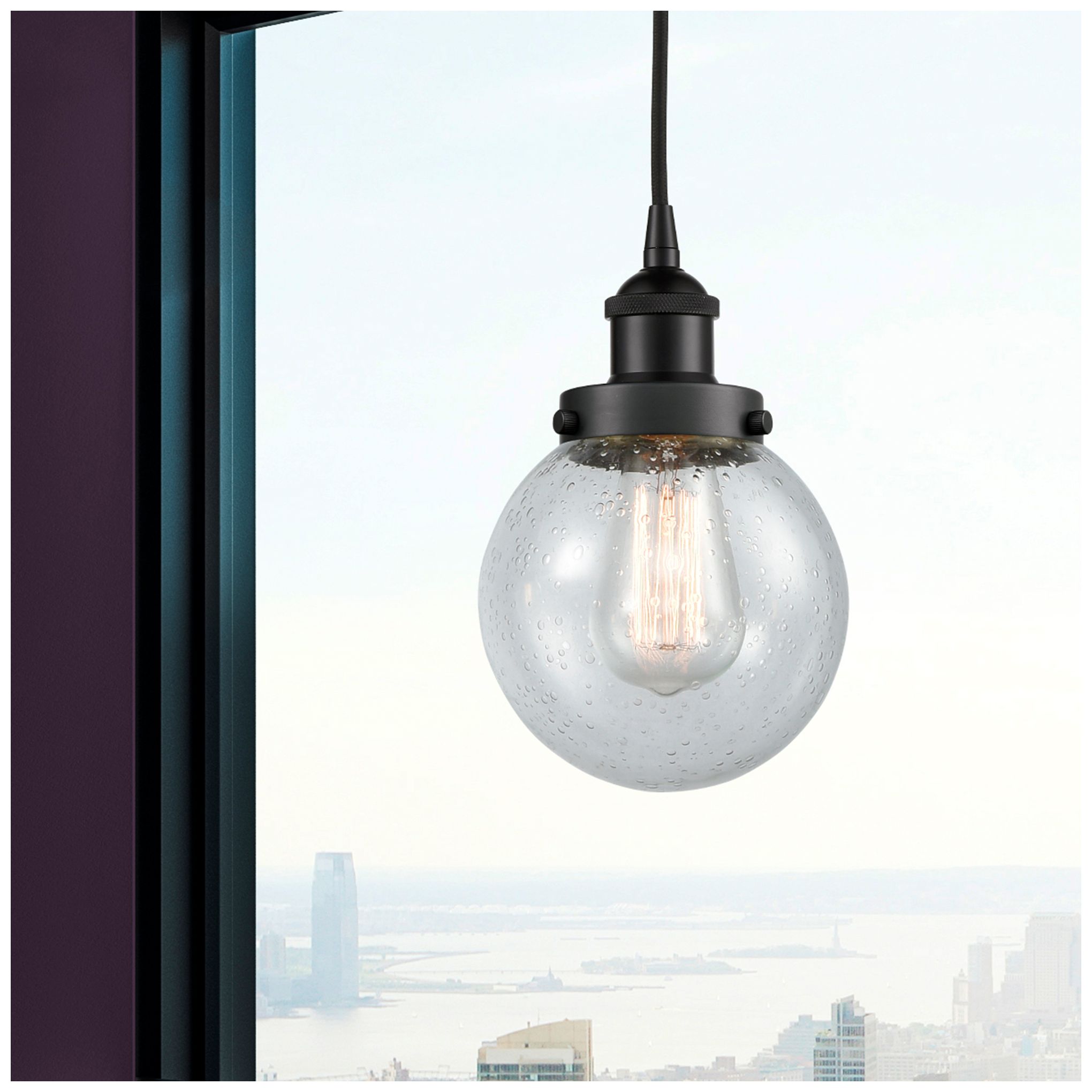 Image 2 Beacon 6" Matte Black Mini Pendant w/ Seedy Shade more views