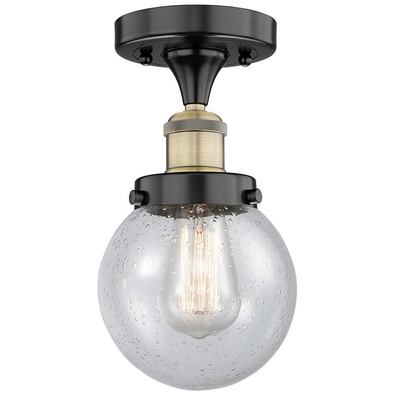 Image 1 Beacon 6" Wide Black Antique Brass Semi.Flush Mount With Seedy Glass S