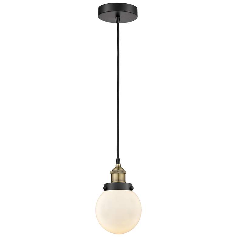 Image 1 Beacon 6" Wide Black Brass Corded Mini Pendant w/ Matte White Shade