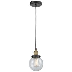 Beacon 6&quot; Wide Black Brass Corded Mini Pendant With Seedy Shade