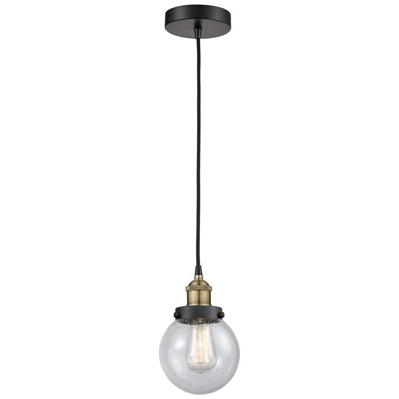 Image 1 Beacon 6 inch Wide Black Brass Corded Mini Pendant With Seedy Shade