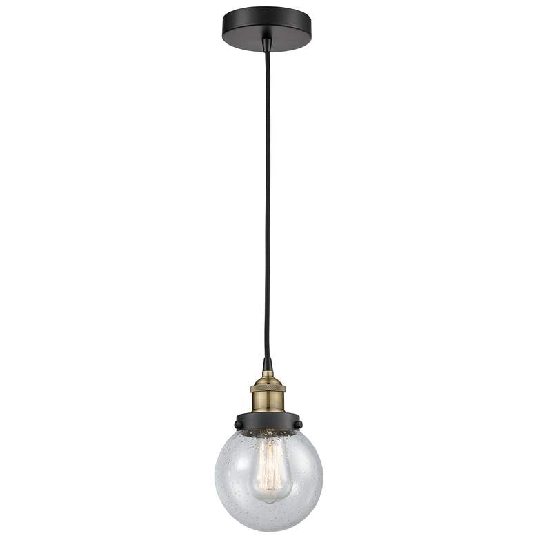 Image 1 Beacon 6" Wide Black Brass Corded Mini Pendant With Seedy Shade