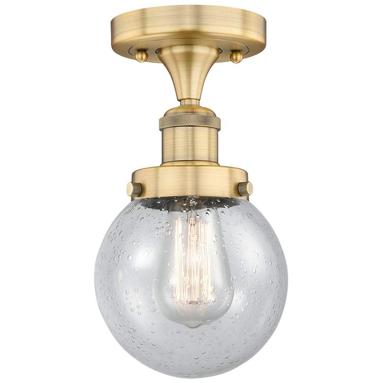 Image 1 Beacon 6" Wide Brushed Brass Semi.Flush Mount With Seedy Glass Shade