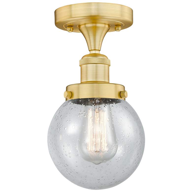 Image 1 Beacon 6" Wide Satin Gold Semi.Flush Mount With Seedy Glass Shade