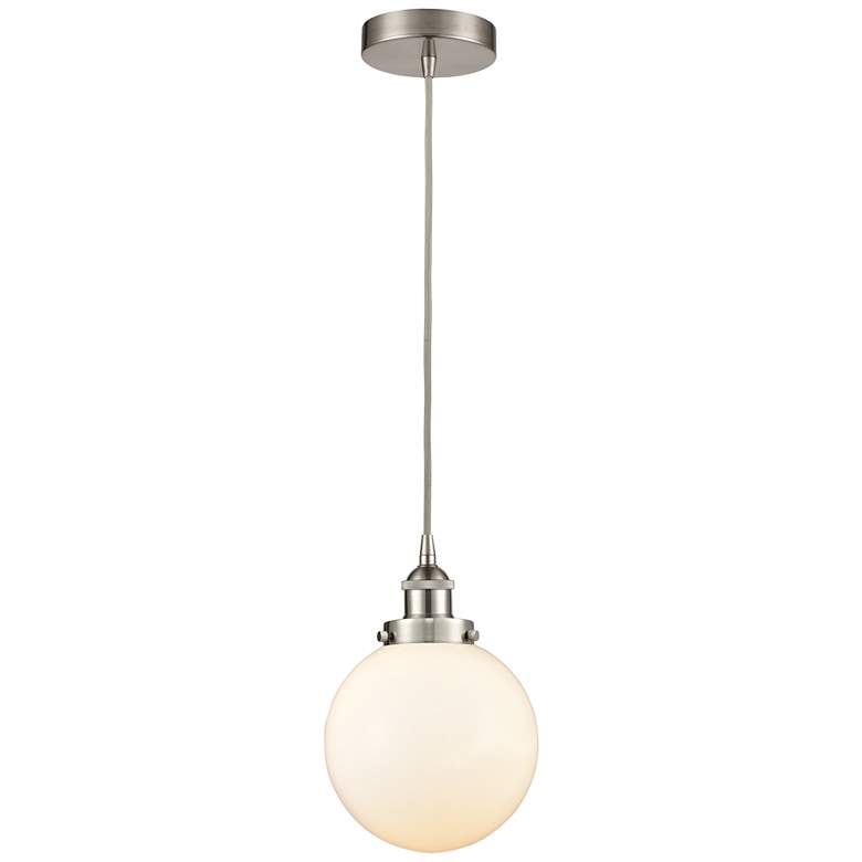Image 1 Beacon 8" Brushed Satin Nickel Mini Pendant w/ Matte White Shade