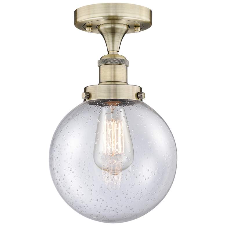 Image 1 Beacon 8" Wide Antique Brass Semi.Flush Mount With Seedy Glass Shade