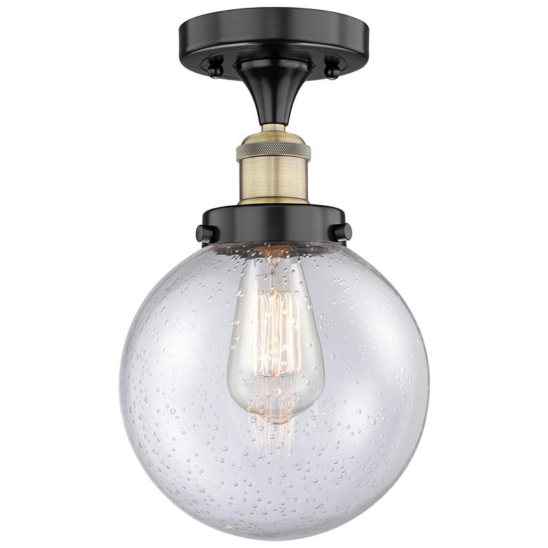 Image 1 Beacon 8" Wide Black Antique Brass Semi.Flush Mount With Seedy Glass S
