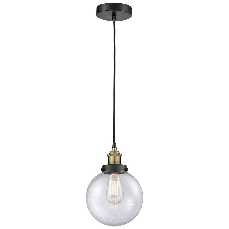 Image 1 Beacon 8" Wide Black Brass Corded Mini Pendant With Seedy Shade