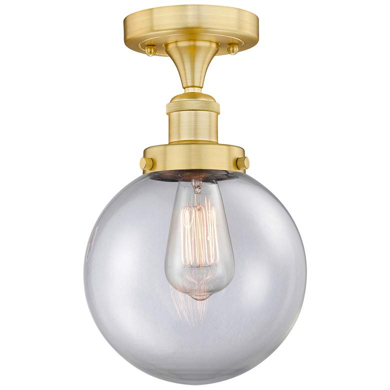 Image 1 Beacon 8" Wide Satin Gold Semi.Flush Mount With Clear Glass Shade