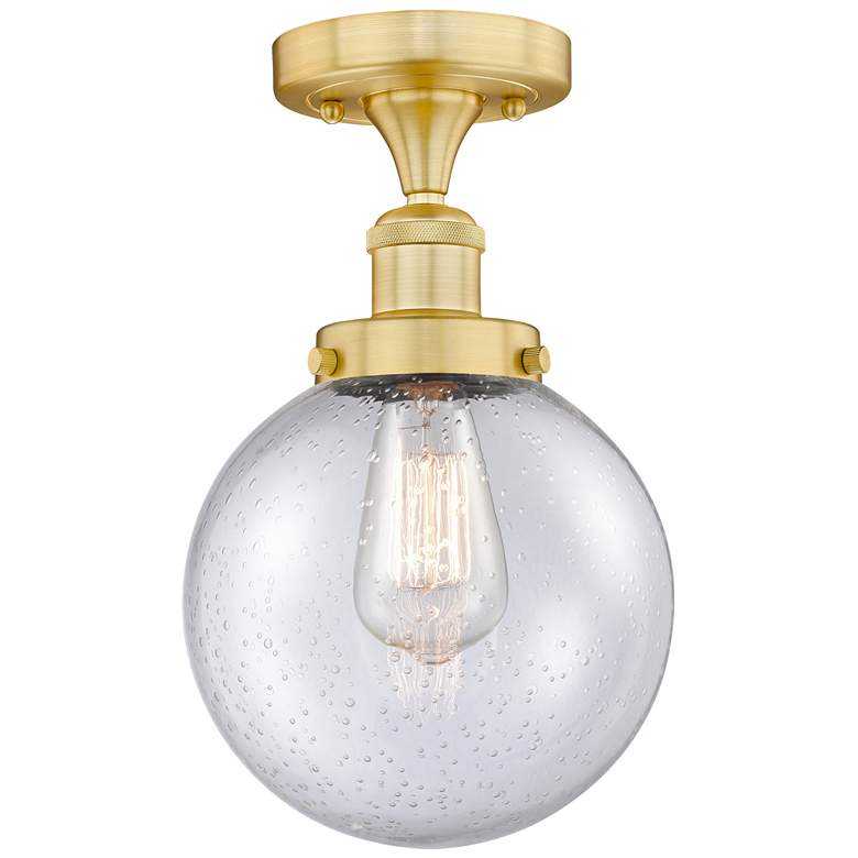 Image 1 Beacon 8" Wide Satin Gold Semi.Flush Mount With Seedy Glass Shade