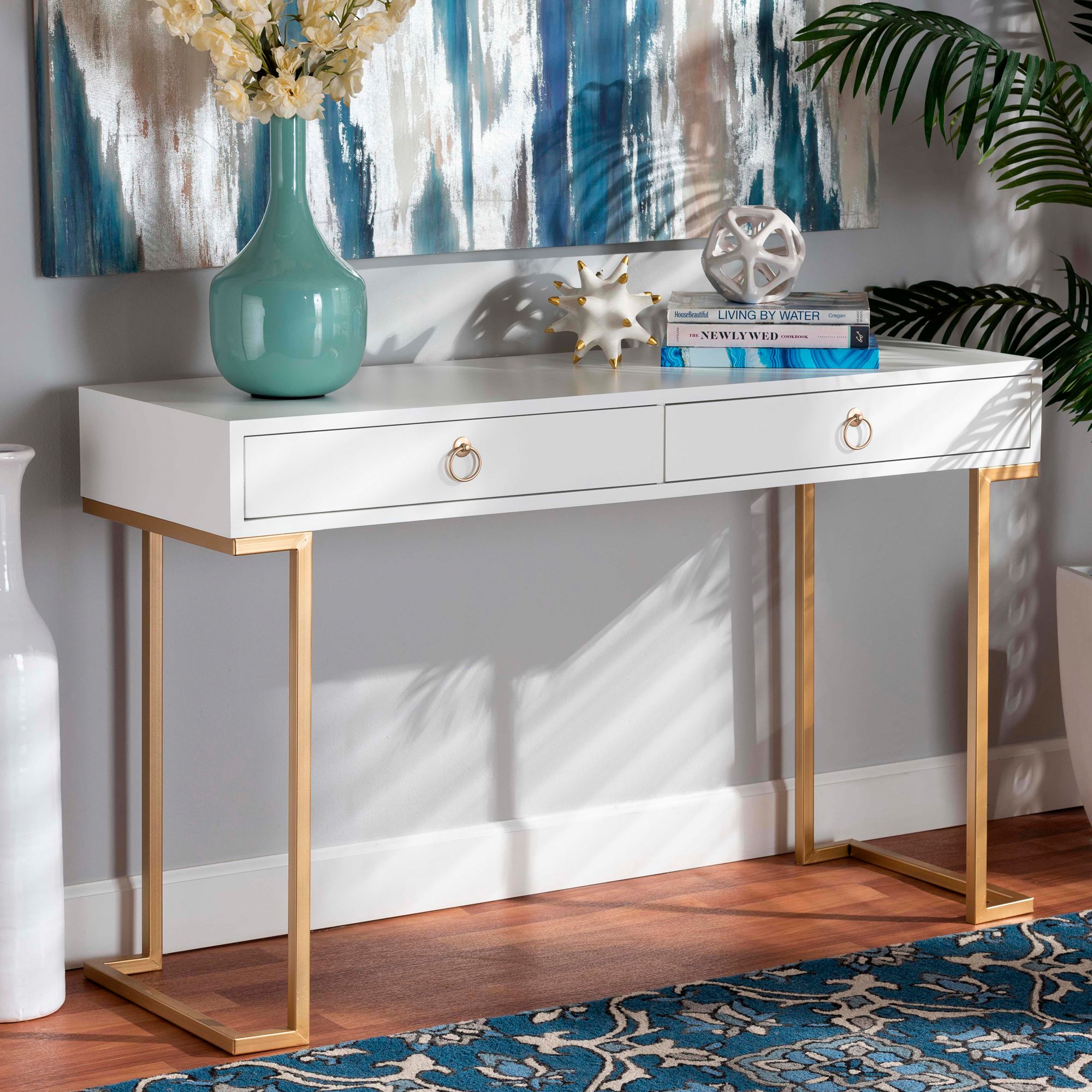 Beagan 47 1 4 W White Wood Gold Metal 2 Drawer Console Table
