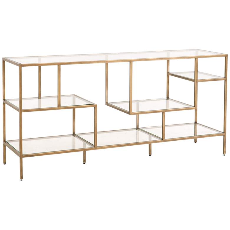 Image 1 Beakman 59 inch Wide Brass Metal and Glass 4-Shelf Low Bookcase