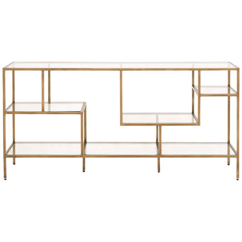 Image 2 Beakman 59 inch Wide Brass Metal and Glass 4-Shelf Low Bookcase more views
