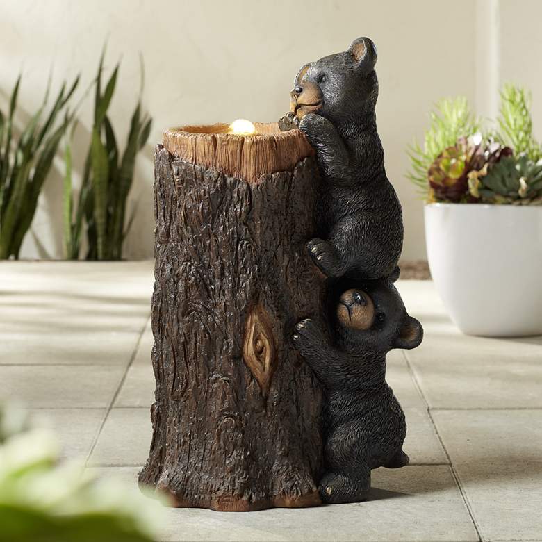 Image 1 Bear Cubs on Log 28 1/2 inch High Rustic LED Bubbler Fountain