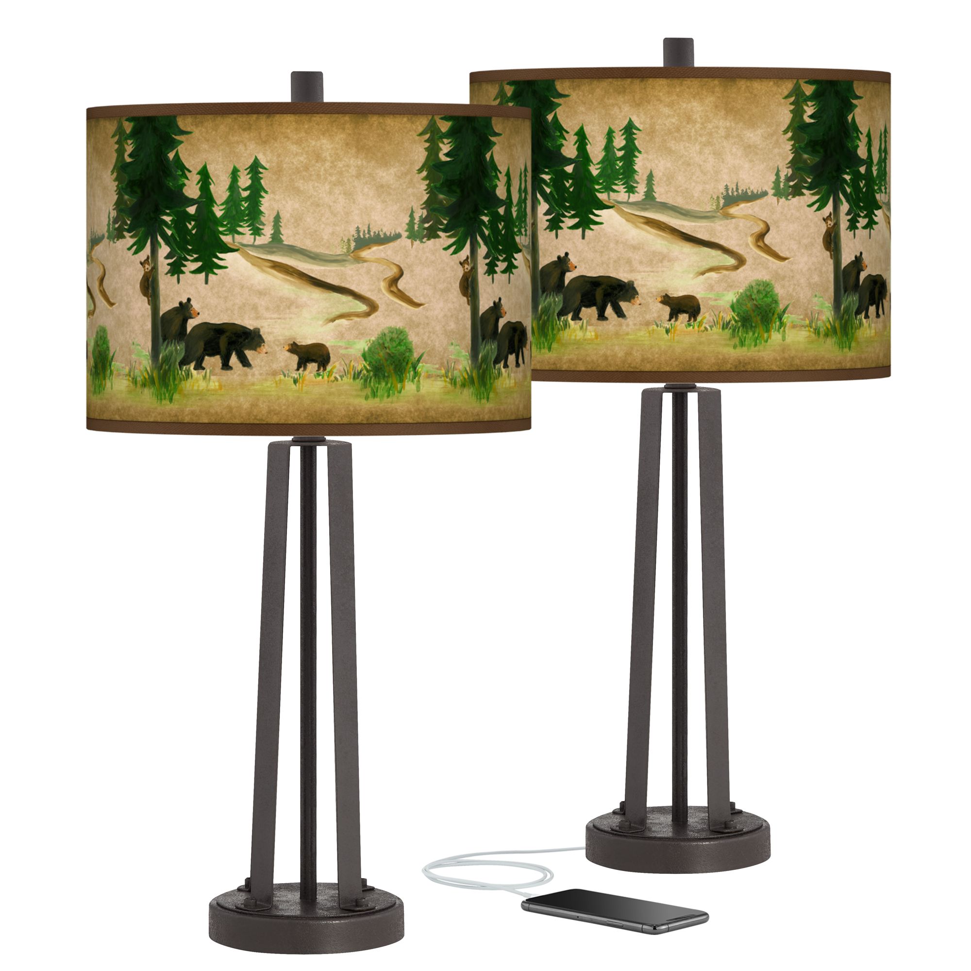 Bear Lodge Susan Dark Bronze USB Table Lamps Set of 2