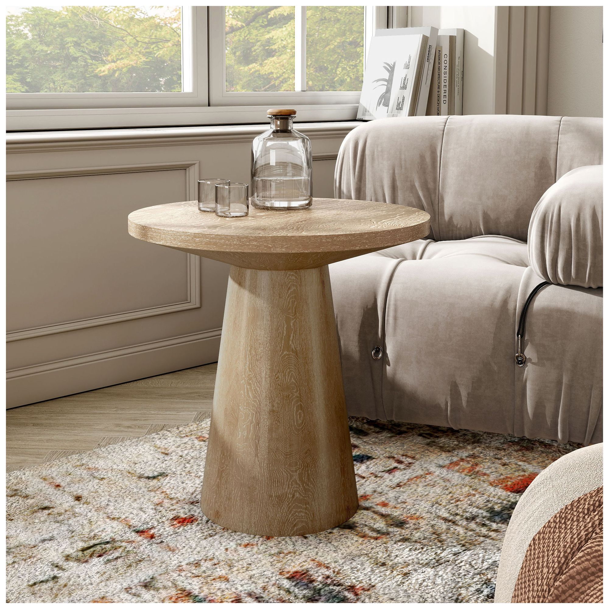 Thumbnail2 of Beardy 20" Modern Oak Round End Table with Cone-Shaped Pedestal Base more views