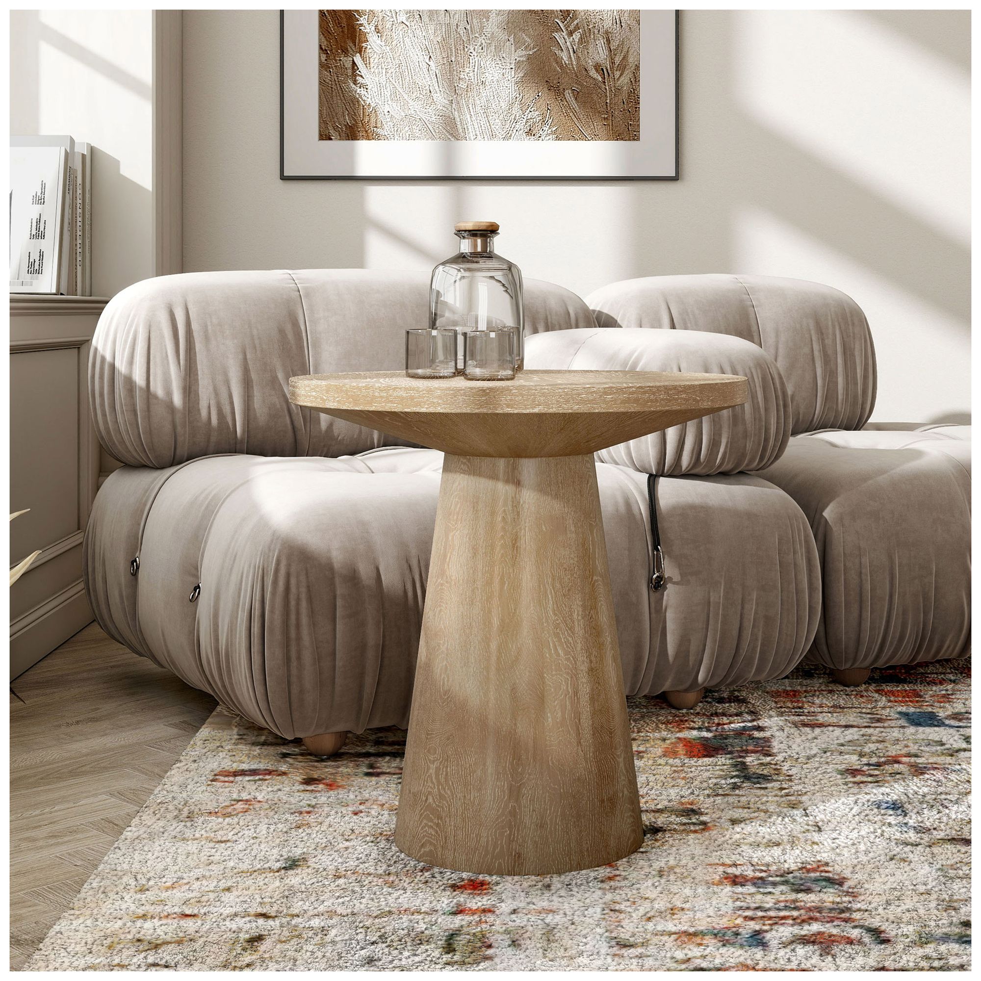 Thumbnail3 of Beardy 20" Modern Oak Round End Table with Cone-Shaped Pedestal Base more views