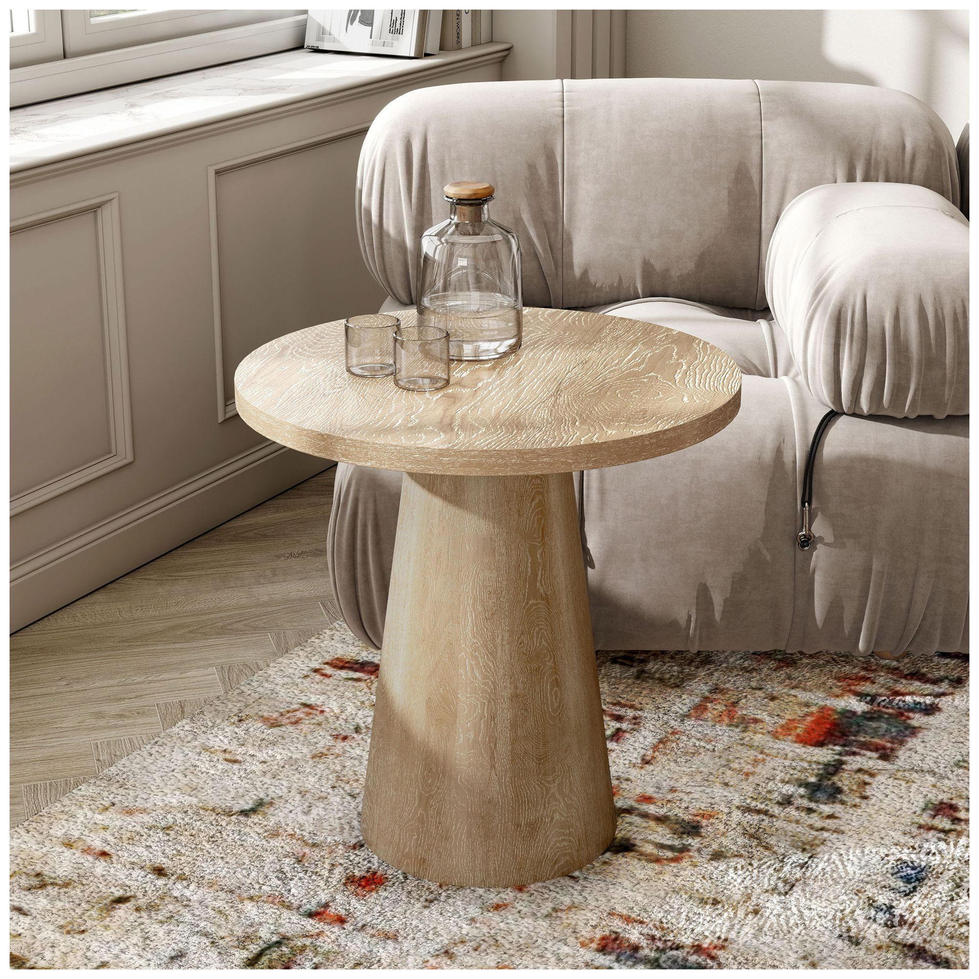 Thumbnail4 of Beardy 20" Modern Oak Round End Table with Cone-Shaped Pedestal Base more views