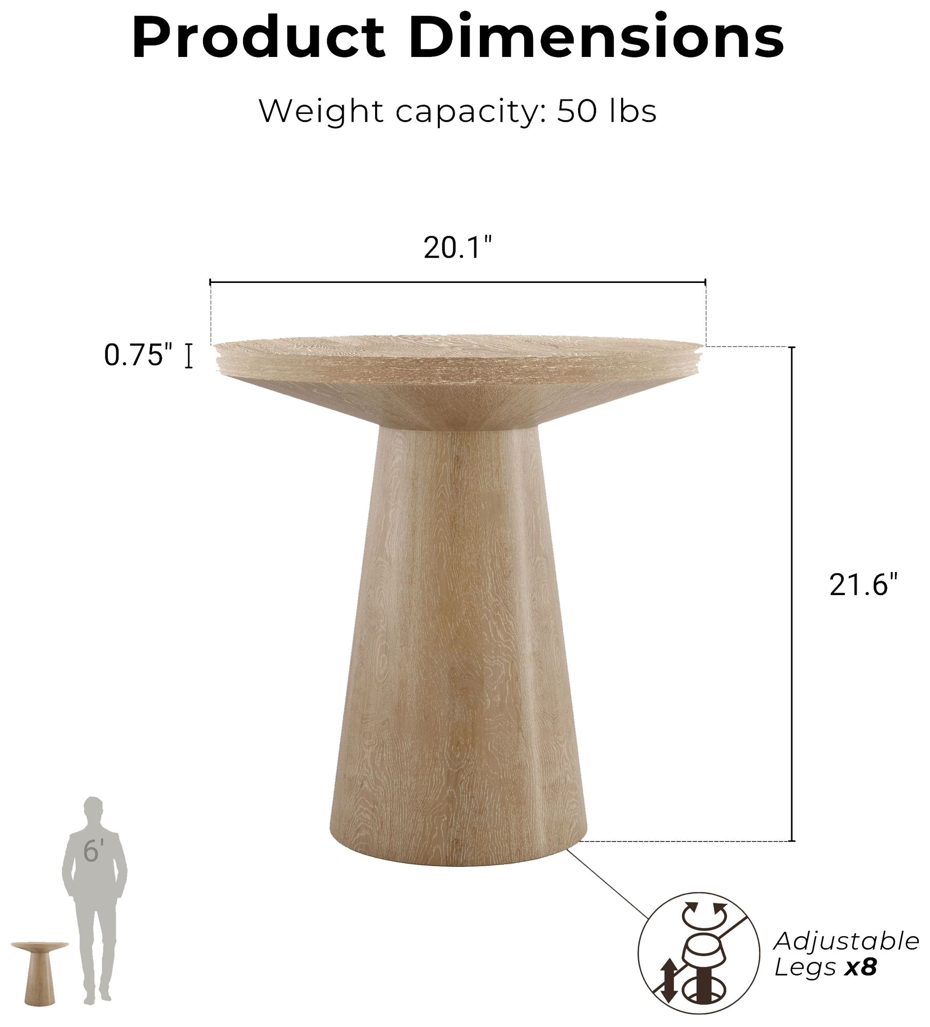 Beardy 20" Modern Oak Round End Table with Cone-Shaped Pedestal Base
