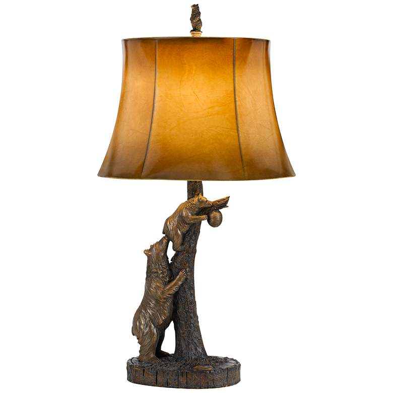Image 2 Bears and Beehive Western Rustic Table Lamp with Leatherette Shade