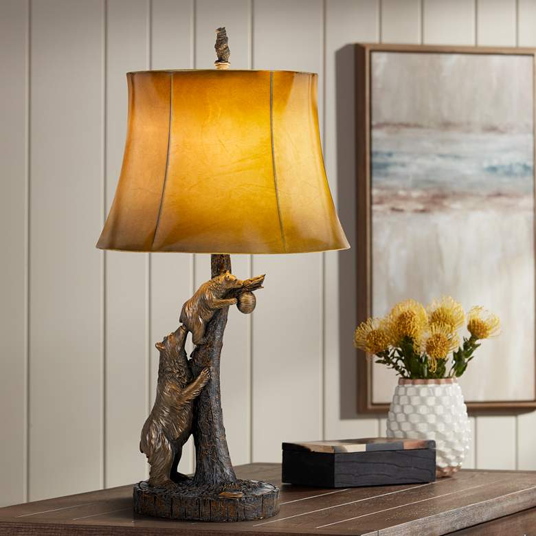 Image 1 Bears and Beehive Western Rustic Table Lamp with Leatherette Shade