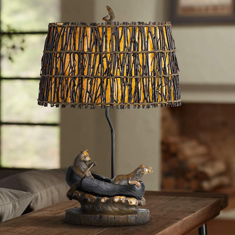 Image 1 Bears in a Canoe Antique Bronze Table Lamp
