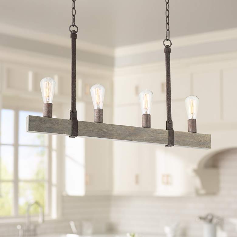 Image 1 Beau 34"W Bronze and Wood Kitchen Island Light Chandelier